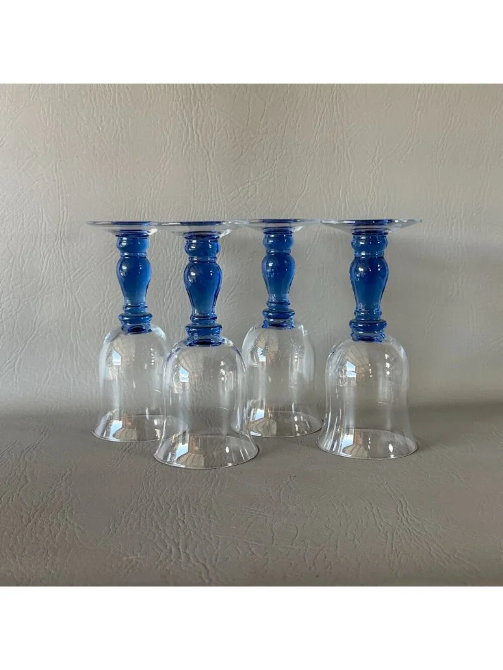 Vintage Royal Blue Stem Wine Glasses Water Goblets Tulip Clear Bowl Set of 4